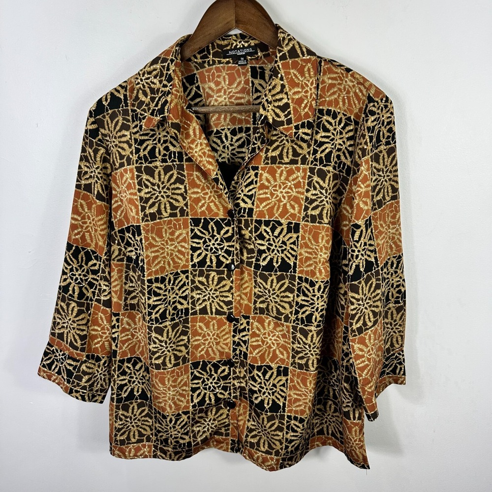 Notations Button Down Shirt Womens Plus Size 1X Floral Patchwork Boho Earthy